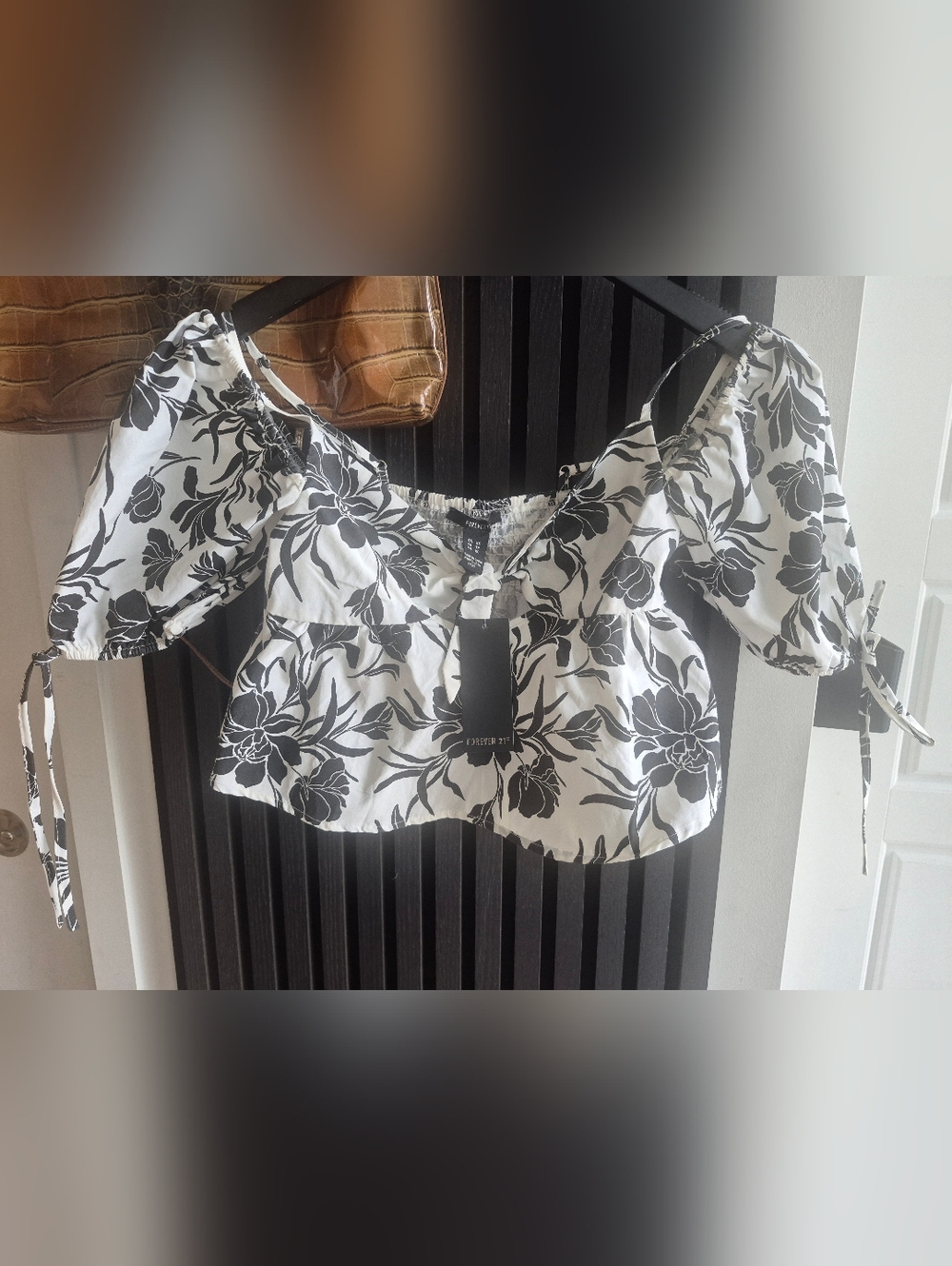 Forever 21 White Crop Top with Black Floral Print